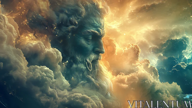 Elderly male face forms from colored clouds and cosmic light