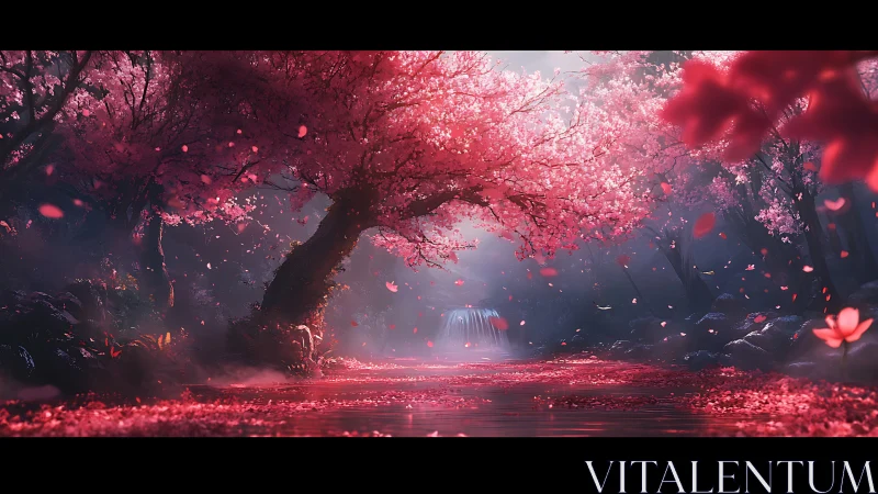 Whispering cherry river under velvet dusk blossomstorm.