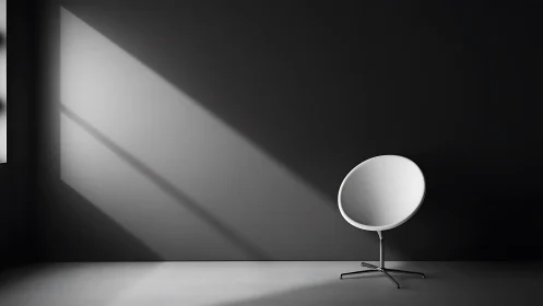 Minimalist white chair rests in dramatic shadowed light
