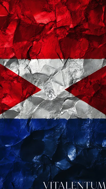 Crushed metal texture showing red, white and blue pattern