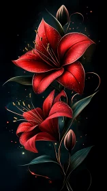 Crimson lilies glow like embers against a deep night sky