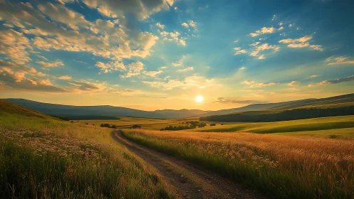 Sun sets over rural dirt road and layered grassy hills