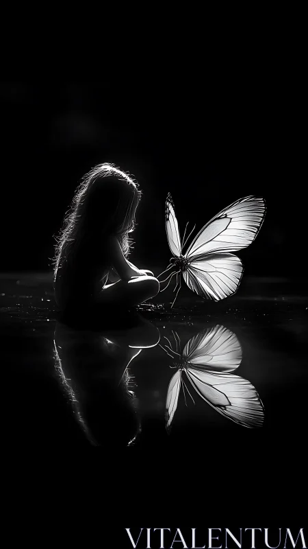 Silhouetted child sits facing large luminous butterfly form