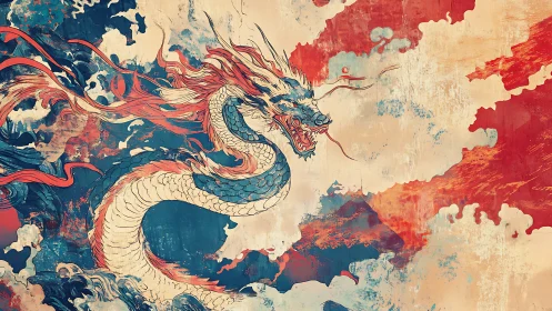 Celestial dragon coils through storm-touched crimson clouds.