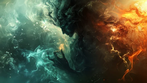 Mystic elemental spirit cradling a tiny flame between worlds.