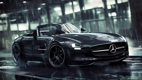 Sleek Mercedes roadster gleams in dramatic city rainstorm.