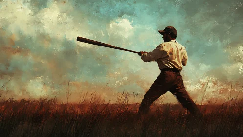 Baseball player stands in open field preparing to swing bat