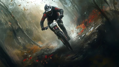 Downhill mountain biker carves a trail through misty forest.