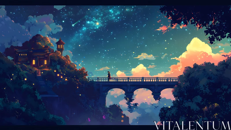 Digital painting of starry bridge vista with luminous clouds.