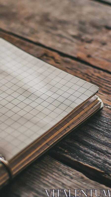 Gridded notebook waits on weathered wooden thinker&rsquo;s desk.