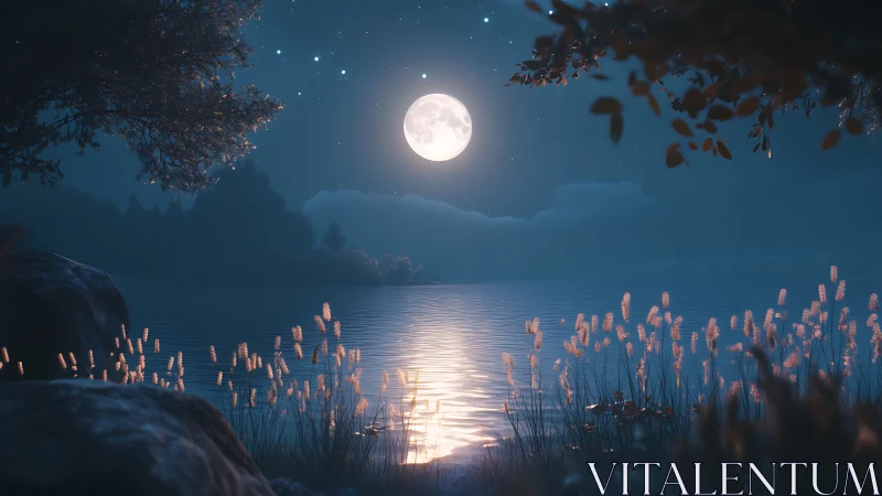 Digital moonlit lakeside landscape with reflective symmetry.
