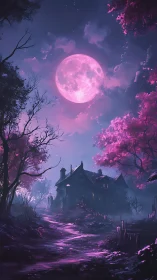 Haunted woodland manor under glowing violet full moon.
