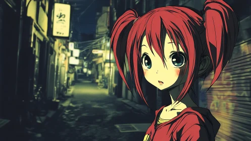 Red haired anime girl stands in neon lit alleyway at night.