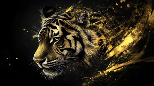 Golden fractal tiger portrait merges realism with dynamic splatter