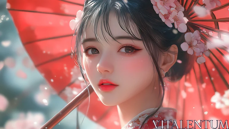 Anime girl in kimono under red parasol with blossoms.