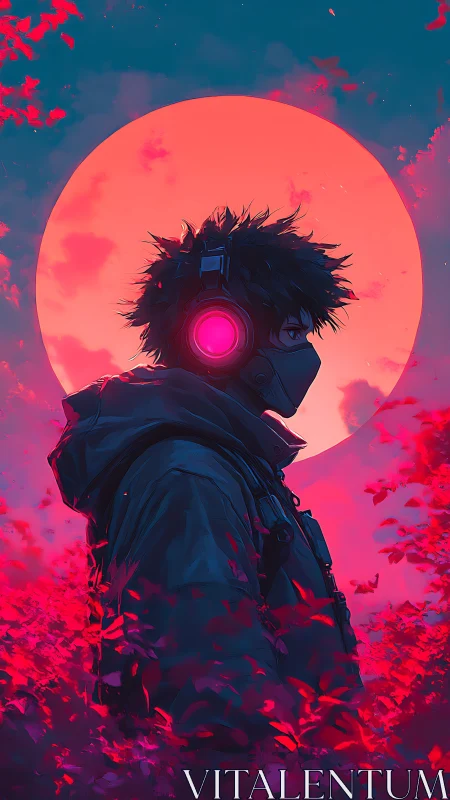 Cyberpunk scout stands against neon crimson eclipse sky.