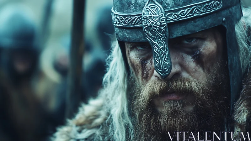 Battle-hardened Viking gaze cuts through the storm of war.