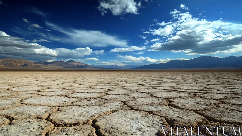 Dried polygonal desert floor extends toward distant mountains