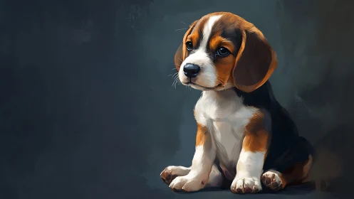 Beagle puppy sits in soft light against moody dark backdrop.