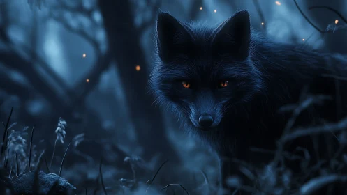 Midnight fox with glowing eyes stalks through misty forest.