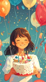 Celebratory Digital Portrait: Young Woman Holding Birthday Cake Surrounded by Balloons