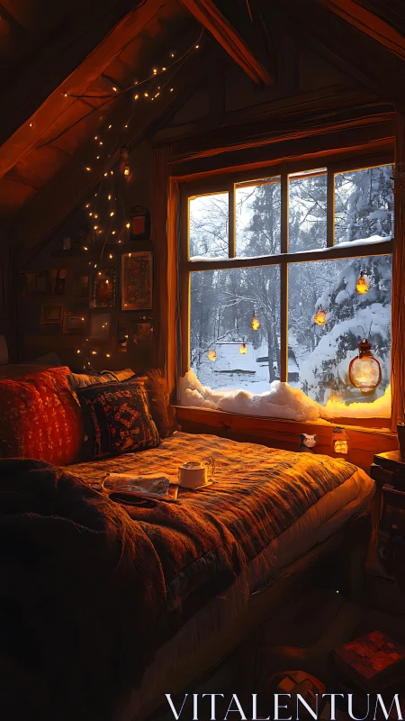 Cozy attic bedroom glows against cold snowy forest outside
