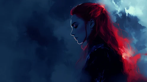 Midnight silhouette with ember-bright, dreamlit hair.