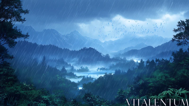 Rain-soaked valley hums softly beneath misty blue mountains