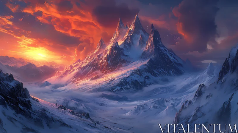 Burning sunrise ignites jagged snow peaks and frozen valley