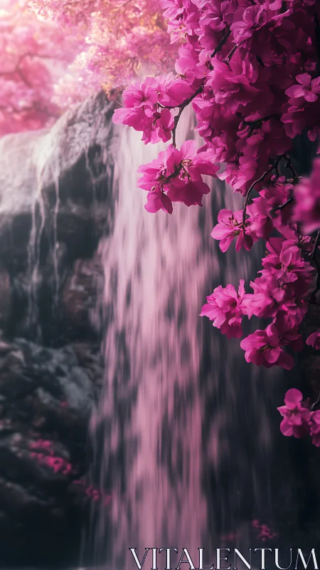 Selective focus cascade with saturated pink blossom foreground