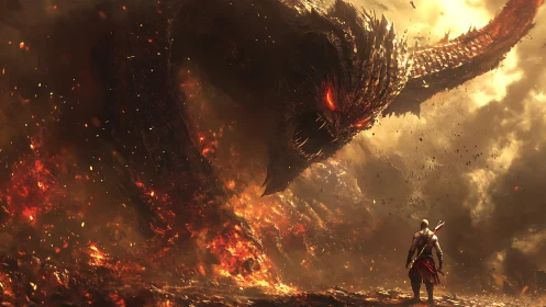 Brave warrior stands firm before a towering fire dragon.