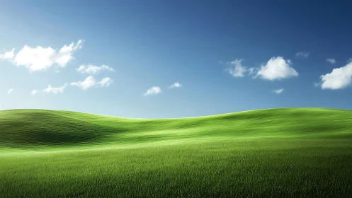 Green hills curve under clear blue sky with sparse clouds