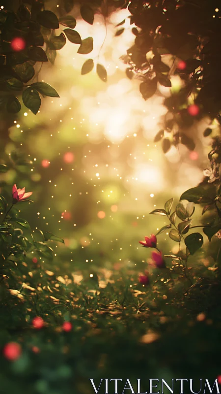 Softly glowing forest path sprinkled with tiny lights.