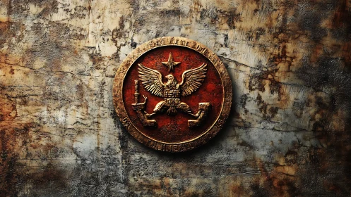Weathered bronze eagle seal on timeworn fortress wall.