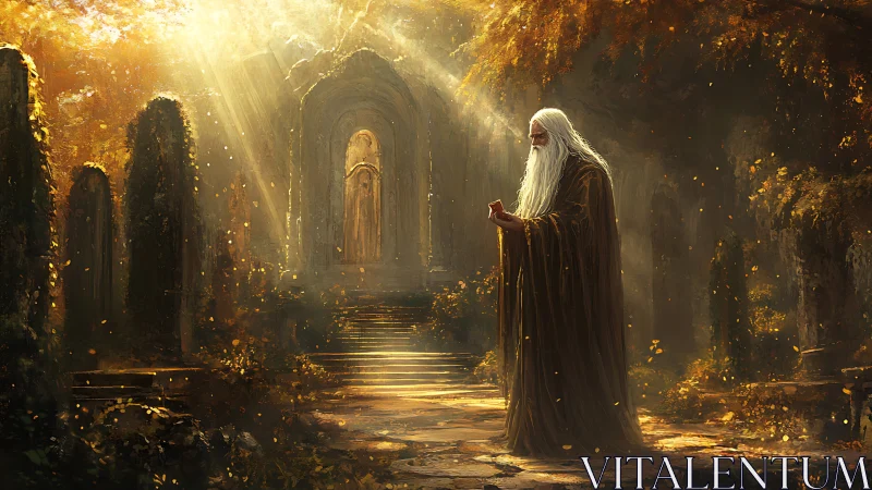 Sun-drenched elder wizard wandering a forgotten golden temple.