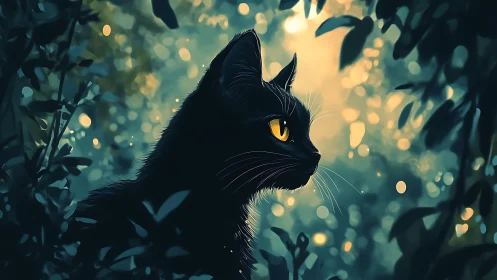 A Black Cat's Golden-Eyed Wonder in the Evening Garden.