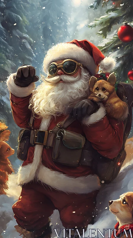 Goggled trailblazer Santa marches through snow with corgi scouts.