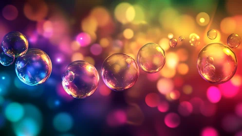 Prismatic soap bubbles drift through luminous bokeh haze.