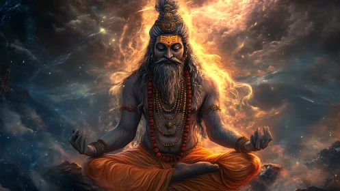 Cosmic yogi in fiery meditation amid swirling starlight.