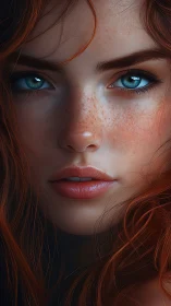 Freckled redhead portrait with hyperreal cyan eyes closeup.