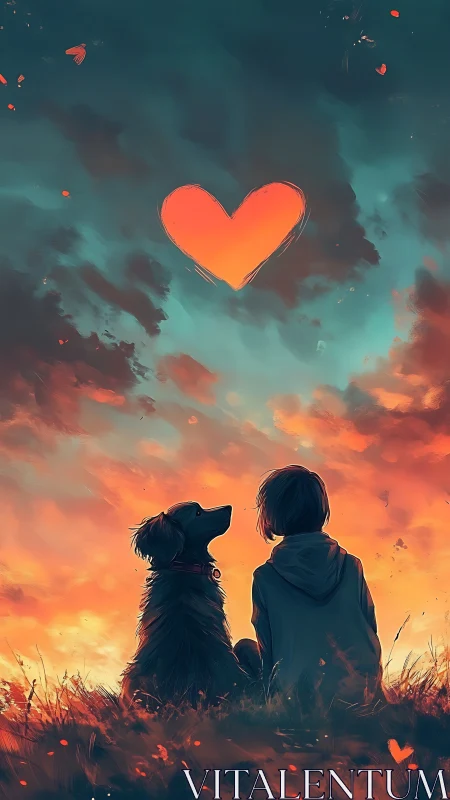 Boy and Dog Beneath a Glowing Heart Sky.
