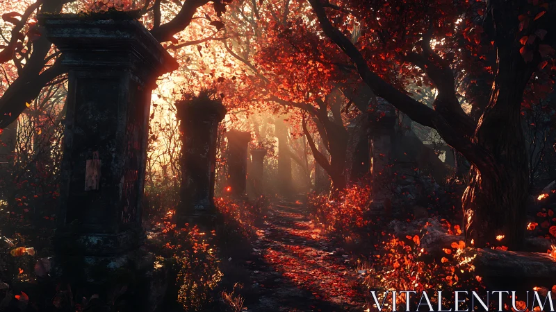 Ancient Ruins Ablaze. Golden Light Through Stone Colonnade.