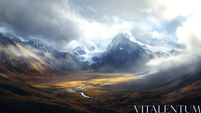 Sunlit valley cradled by storm-kissed snowbound peaks.