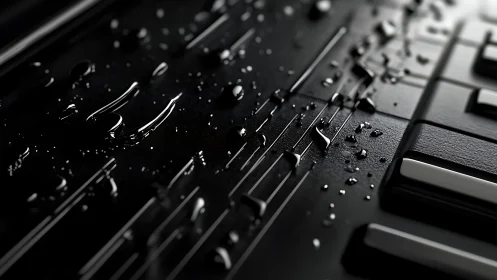 Hydrophobic droplets on electronic keyboard surface in macro focus.