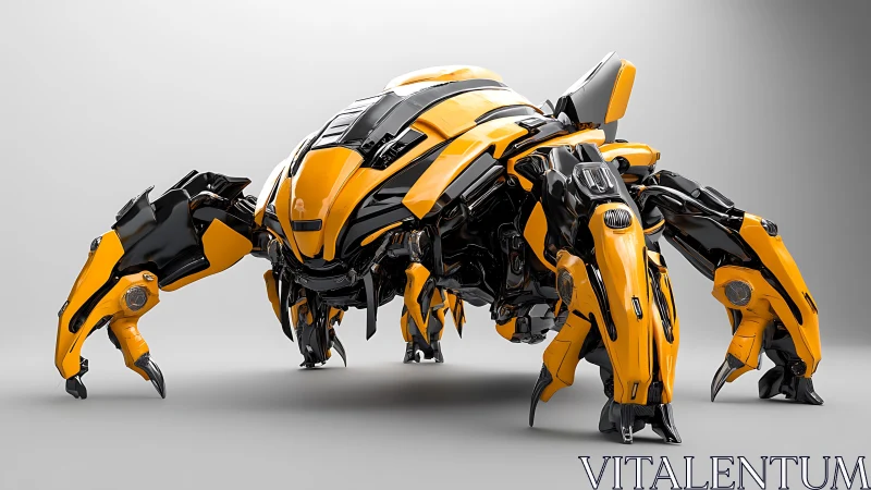 Yellow black quadruped combat robot on neutral studio background.