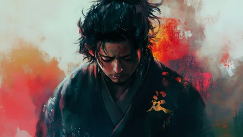 Melancholic samurai portrait amid turbulent chromatic aura.