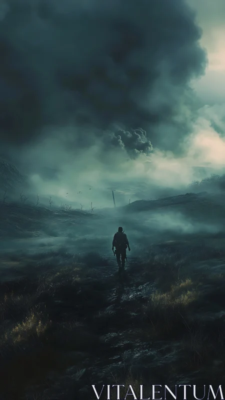 Lone wanderer walks through stormlit toxic wasteland valley