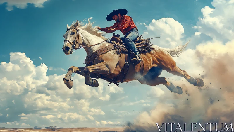 Dynamic cowboy on galloping palomino horse in dusty desert