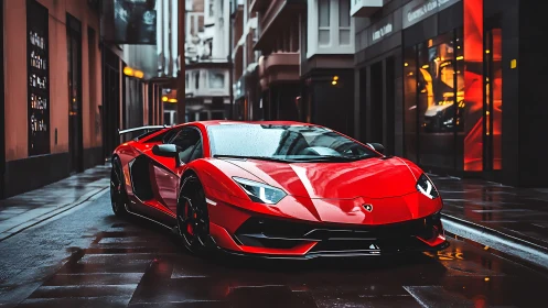 Red mid‑engine sports car on wet reflective city street.