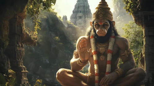 Jungle temple simian sage blessing in golden sacred light.